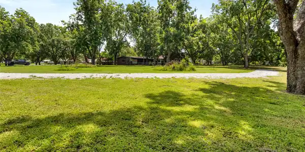 Image 2: Expansive grassy yard with mature trees and a grav