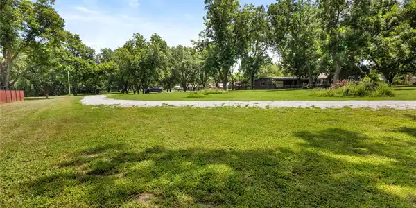 Image 3: Expansive grassy yard with mature trees and a grav
