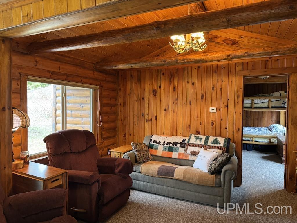 Image 3: This cozy living room has a vaulted log ceiling with a propane fireplace insert to keep the home cozy even during the heaviest snowstorms., Living Room
