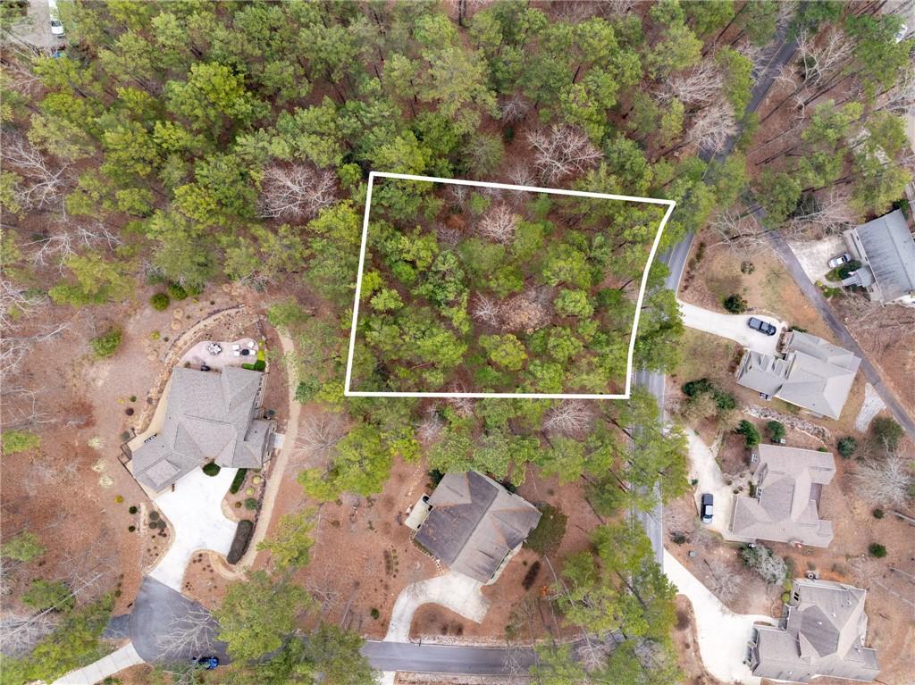 Image 2: This aerial view showcases a verdant lot nestled w