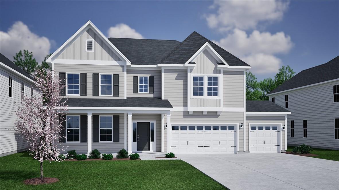 Image 1: This modern suburban home features an inviting ext