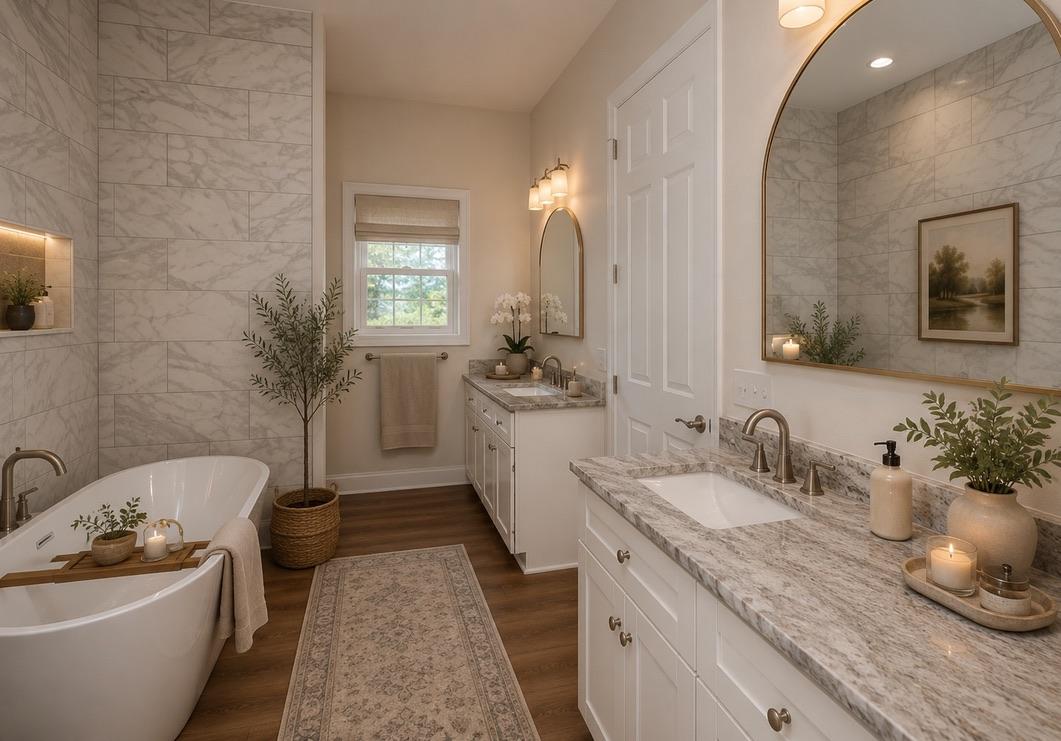 Image 4: Luxurious bathroom with dual vanities, freestandin