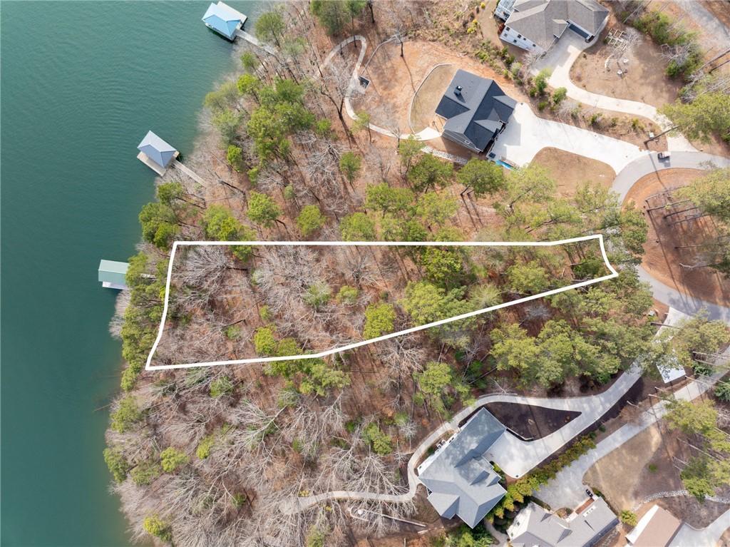 Image 1: This aerial view showcases a lush, wooded lot with
